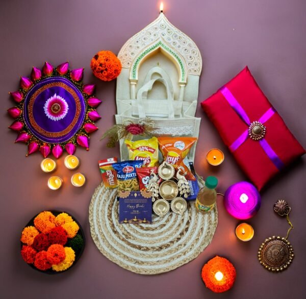 DGHamper - 104 | Diwali Gift Hamper with Divine Light, Snacks & Floral Bag | Blessico - Image 4