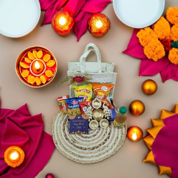 DGHamper - 104 | Diwali Gift Hamper with Divine Light, Snacks & Floral Bag | Blessico
